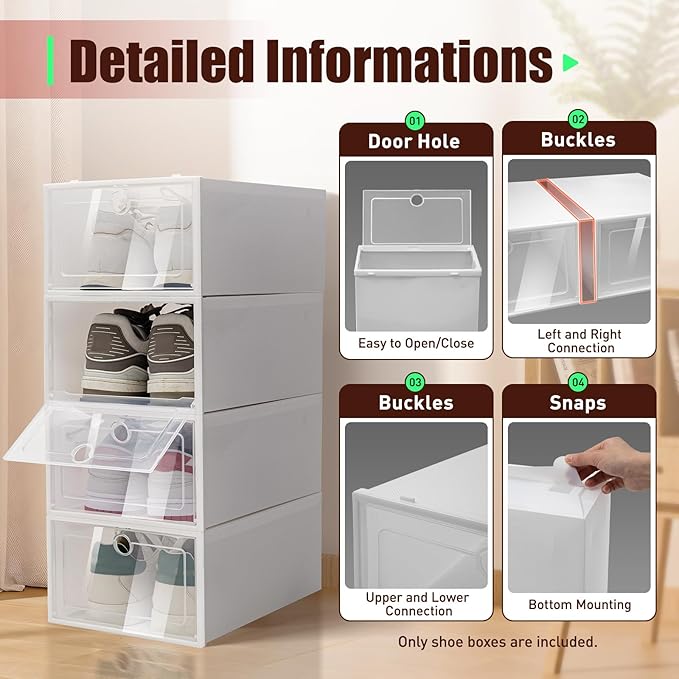 20 Pack Shoe Storage Boxes, Shoe Boxes Clear Plastic Stackable Shoe Organizer, Foldable Shoe Rack, Angel White | Space-Saving Home & Office Organizatio (20)