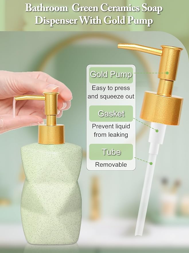 Ceramic Bathroom Accessories Set, 4-Piece Green Bathroom Set Complete with Soap Dispenser Set, Toothbrush Holder, Tumbler & Soap Dish – Bathroom Sets Accessories for Home, Apartment, Idea