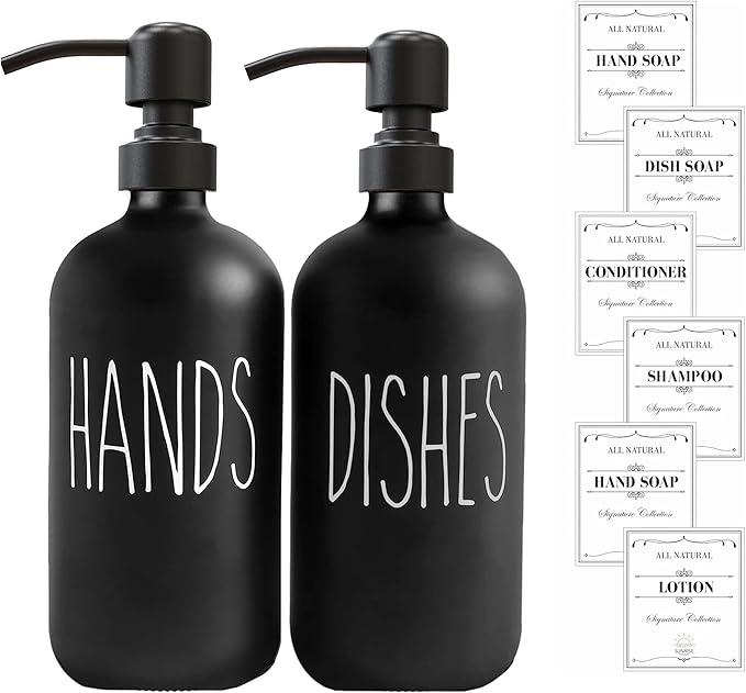 16 OZ Thick Black Glass Soap Dispenser, Matte Black Stainless Steel Pump 2 Pack, Hand and Dish Soap Dispenser Set for Bathroom with 6 Waterproof Labels