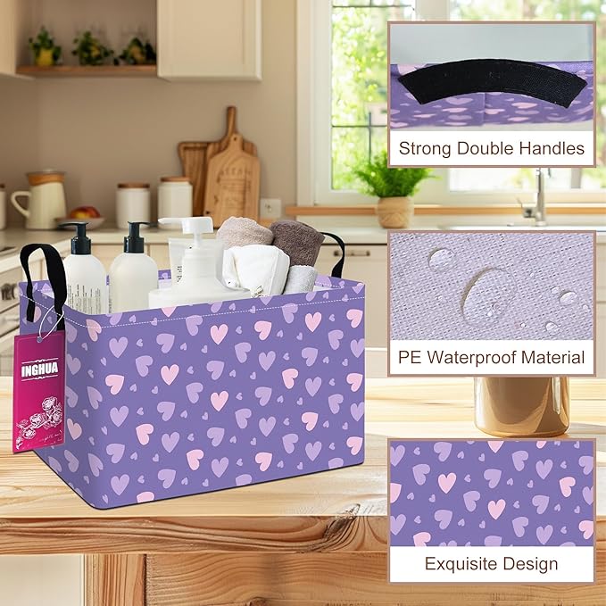 Rectangular Storage Basket Fabric Organizer Bin for Toys,Books,Clothes,Gifts,Pets-Perfect for Home,Office,Nursery,Dorm,Shelf(Rec-Purple hearts)