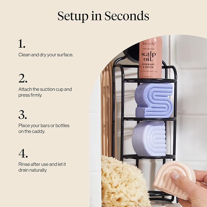 Kitsch Hanging Shower Caddy with Suction Cup – Self-Draining Bar Soap Holder & Shower Caddy for Shampoo Bars, Conditioner Bars & Soap – Rust Proof, Eco-Friendly, Wall Mount or Free-Standing Organizer
