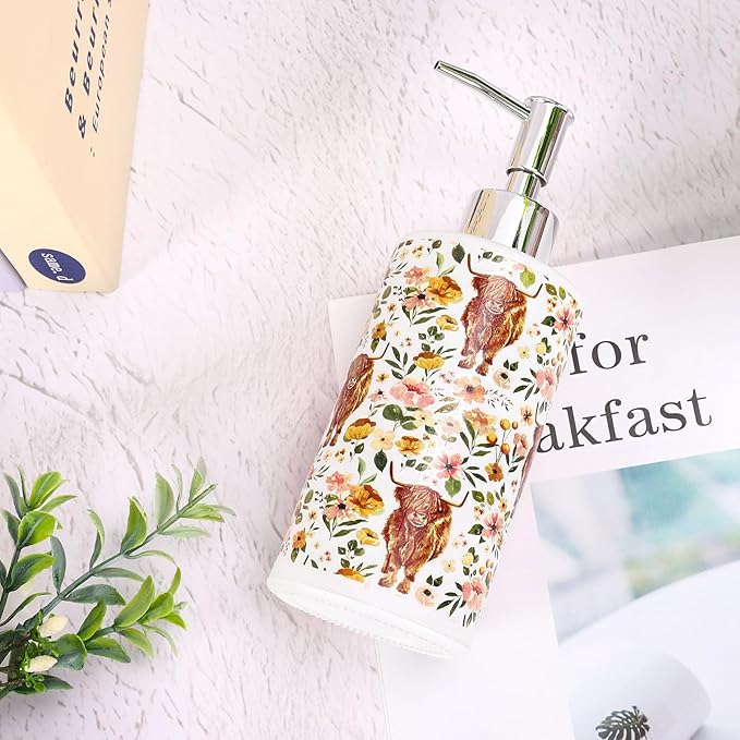 Highland Cow Soap Dispenser Refillable Liquid Container Watercolor Boho Floral Cow Glass Soap Dispenser with Pump for Bathroom Kitchen Countertop Decor