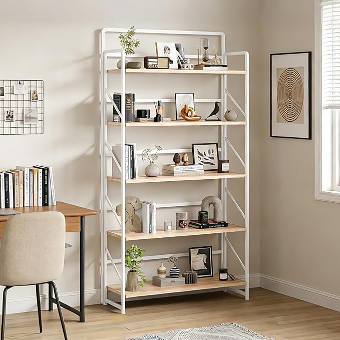 JSB Folding Bookshelf,Industrial Storage Shelves, No Assembly Vintage Wood Look Bookshelf with Storage Shelves for Living Room, Bedroom, Office (White, Wide 5-Tier)
