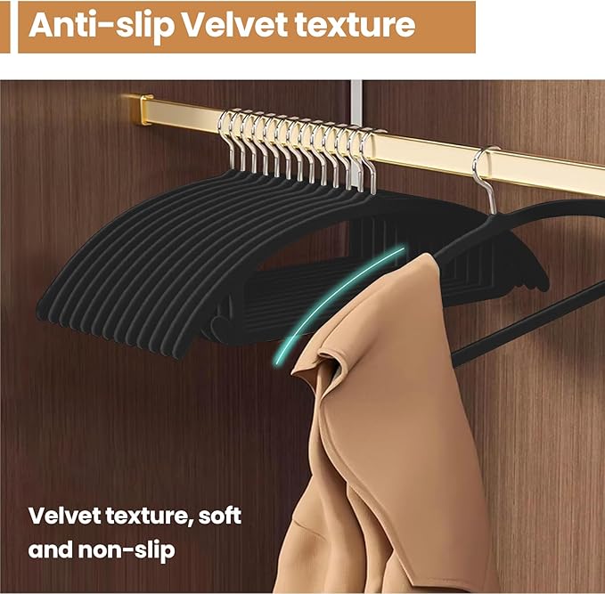 Jiang&Rong 60 Pack Black Velvet Hangers, Ultra Thin Space Saving Non-Slip Clothes Hangers, No Shoulder Bumps Suit Hangers for Sweaters, Jackets, Pants, Dresses & Shirts, Heavy Duty Velvet Coat Hanger