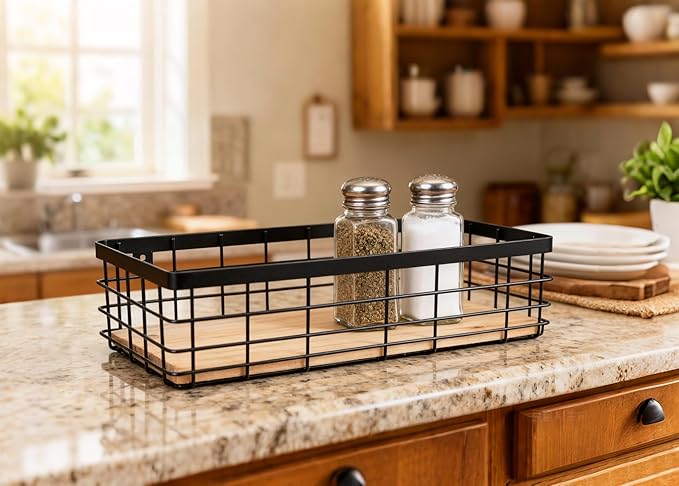 Small Metal Wire Basket Detachable Wood Base Storage Organizer Bathroom Counter Storage Organizer for Makeup, Perfume & Skincare，1 Pack in Black Color