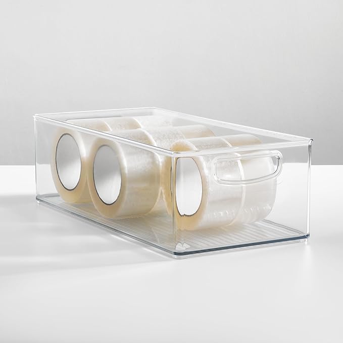Plastic Stackable Pantry Bin - Organizer Bin with Handles for Cabinets or Fridge - Set of 4 - Clear