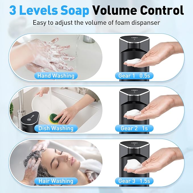 Automatic Soap Dispenser,Touchless Hand Wall Mount Rechargeable 3 Gear Adjustable Electric Soap Dispenser 350ml with Infrared Motion Sensor for Bathroom,Kitchen,Office, Black Foam