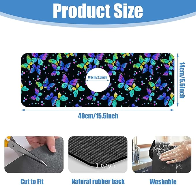 Sink Faucet Absorbing Mat Colourful Butterflies Sink Splash Guard Drying Mat for Kitchen Bathroom Faucet Sinkmat 15.5"X5.5"