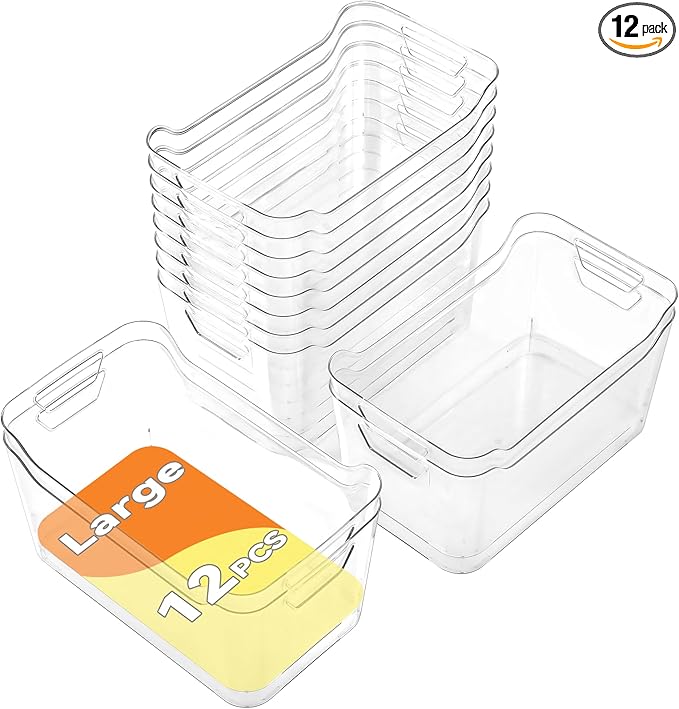 AntStep Clear Plastic Storage Bins - 12 Pack Pantry Organizers and Storage,Large Clear Pantry Organizer Bins, Plastic Containers with Handle for Kitchen,Freezer,Cabinet,Closet,Bathroom Under Sink