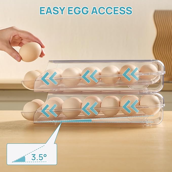Vtopmart Clear Plastic Egg Holder for Fridge, Automatic Rolling Egg Container for Refrigerator, Stackable 14-Count Eggs Organizer with Removable Inner Tray, Fridge Organizers and Storage, 1Pack