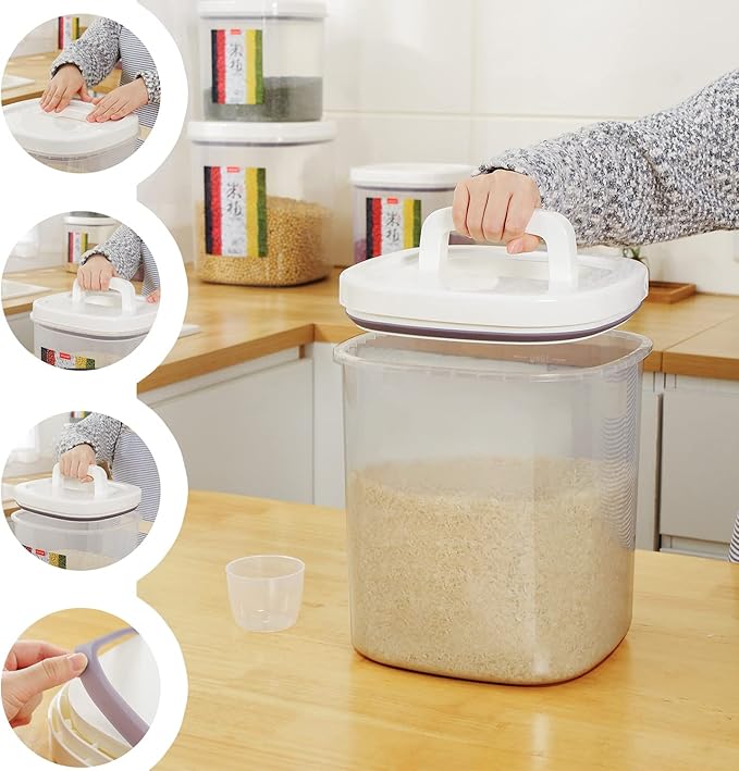 LivLab Rice Dispenser,10 Lbs Rice Container Storage with Measuring Cup Food Cereal Container Bins Household for Kitchen Pantry Organization