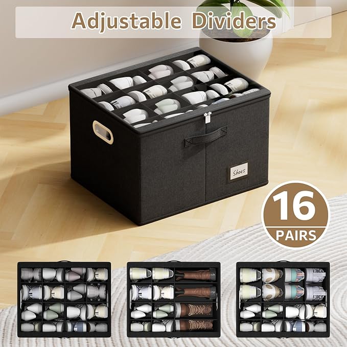 Shoe Organizer for Closet, Large Shoe Box Storage Containers with Clear Window, Space Saving Shoe Bin with Foldable Bottom Support Adjustable Dividers - Fits 16 Pairs (Black, (19.7*15.7*13)x1)