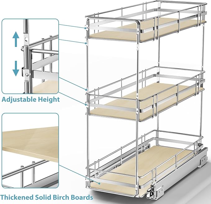 Pull Out Spice Rack Cabinet Organizer 8" W x 20½" D, 3 Tier Heavy Duty Slide Out Wood Shelf for Narrow Cabinet, Pull Out Storage for Kitchen