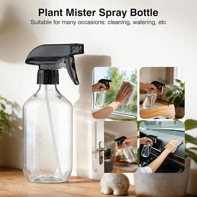 Aeibxiy Plastic Spray Bottles 13.5oz/400ml, Clear 2 Pack Mist Stream Adjustable Water Spray Bottle, BPA-Free, Empty Refillable Container for Hair, Cleaning, Plants, Essential Oils
