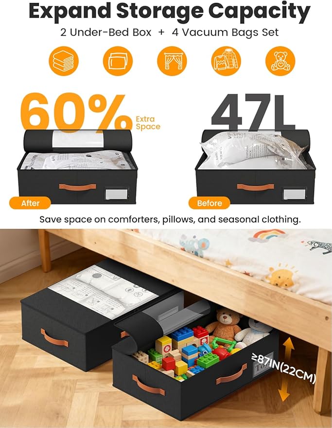 TOSKING 2-Pack Under Bed Storage with Wheels and 4 Vacuum Seal Bags,7.9 Inch 47L Clear Lid Organizer, Space Saving for Bedding Blankets Clothes ShoesToys, Quick Assembly, Black