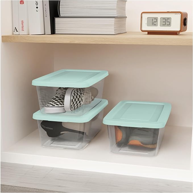 Sterilite Set of 10 Storage Boxes, Clear Plastic Stackable Containers, Lightweight Home Organizers with Snap Lids, 6 Quart, Mindful Mint