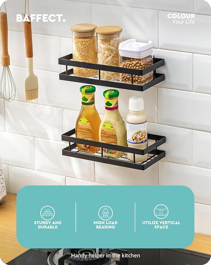 Baffect Metal Spice Rack Wall Mount Floating Shelves 2 Pack Black Storage organizer for Cabinet Door Pantry Kitchen Bathroom Supplies (13.7inches length)