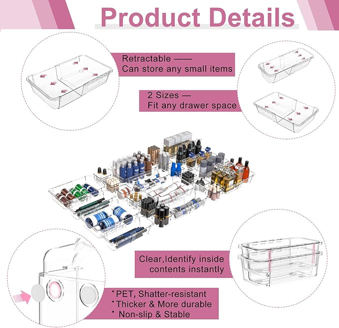 10 Pcs Extendable Clear Drawer Organizer, All Adjustable Vanity Storage Box, 2-Size Desk Drawer Organizer, Durable Storage Bins for Makeup, Cosmetic, Bedroom Dressers Tool Organizer for Gadgets
