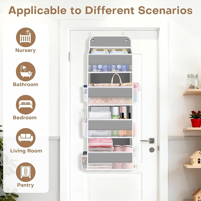 SpaceWhisper Over the Door Organizer, 4 Large Pocket Hanging Storage Organizer with 40lb Capacity, Space Saving for Nursery, Bathroom, Bedroom, Closet - Baby Essentials & Toiletry Organizer (Grey)