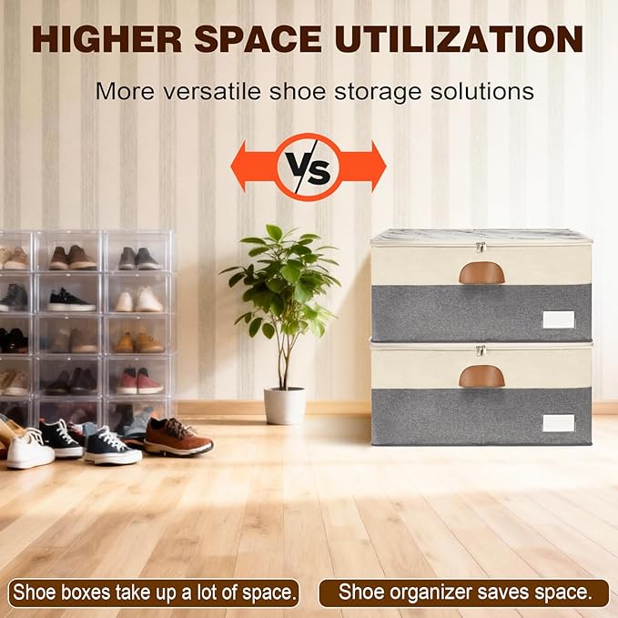 1 Pack Shoe Organizer for Closet, Adjustable Shoe Box Storage Containers, Large Foldable Shoe Bins with Clear Cover, Space Saving Shoes Holder with 4 Handles, Fits 12-24 Pairs, Black