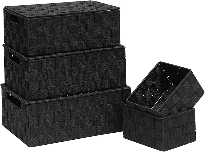 Storage Bins Woven Organizer with Lids Set of 5 – Polypropylene Storage Baskets with Metal Frame, Stackable Fabric Boxes for Drawers, Closet, Shelf, Nursery and Office, Black
