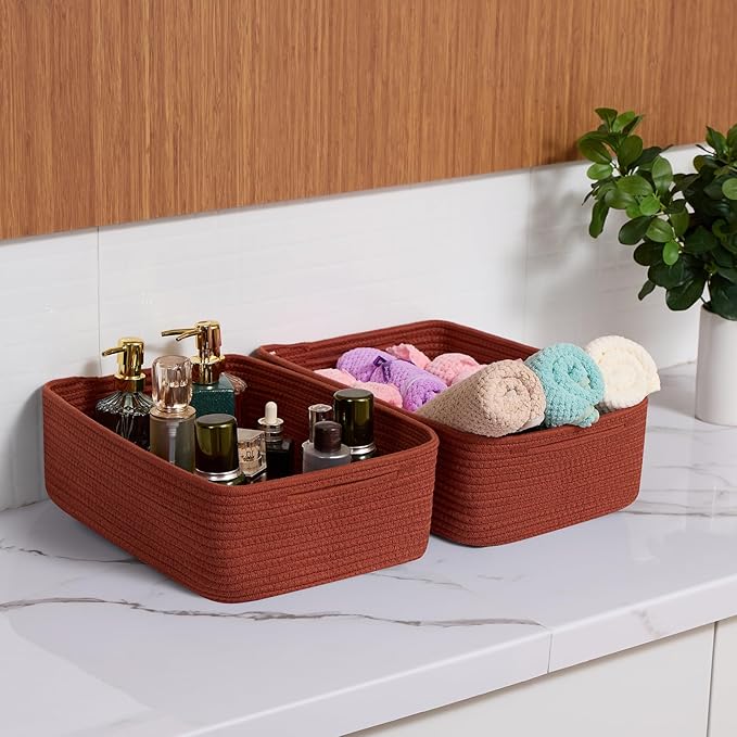 Large Shallow Organizing Baskets 15x11x5.1 Inches - Rope Woven Storage Bins for Bathroom, Shelves, Cube Closet, Red 4 Packs