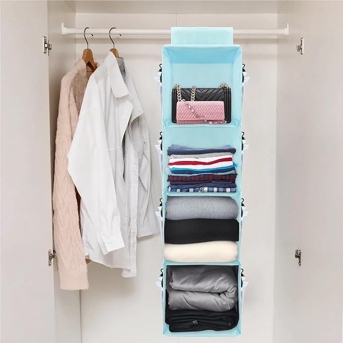 PetsHome 4-Shelf Hanging Closet Organizer, Space Saver, Closet Hanging Storage Shelves with Mesh Pockets & Magic Tap for Storage, Foldable-Blue