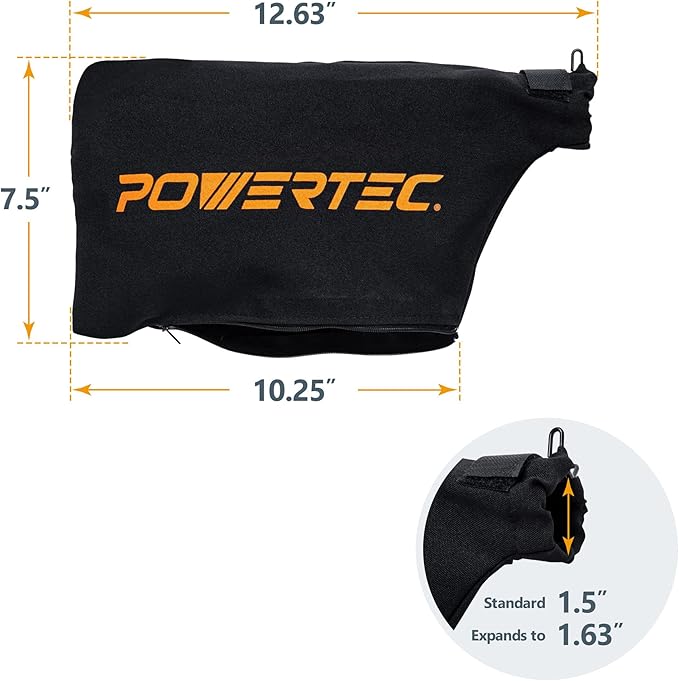 POWERTEC Miter Saw Dust Collector Bag for 7-1/4", 8-1/2" Miter Saw, Fits Nominal 1-1/2" Dust Ports, Hook and Loop Dust Bag w/Zipper, Wired Adjustable Stand Miter Saw Accessories (75081-P2)