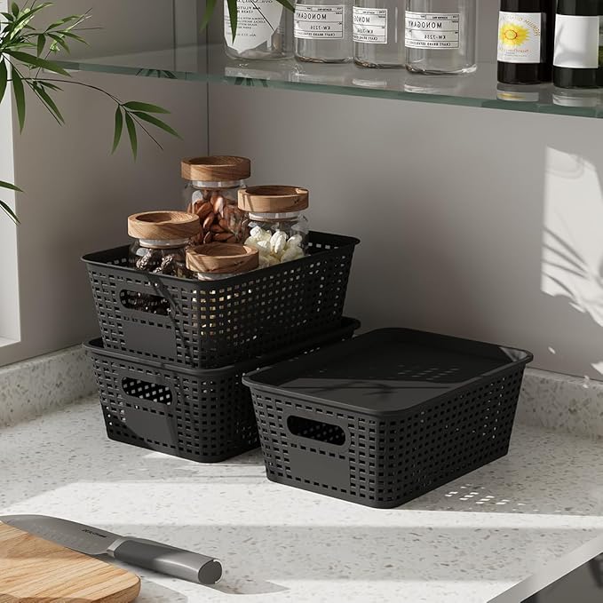 6-Pack Plastic Storage Bins with Lids, Stackable Organizer Baskets & Containers for Pantry, Kitchen, Cabinet, Closet, Bathroom Organization Toys, Space Saving, Easy-Carry Handles,Black