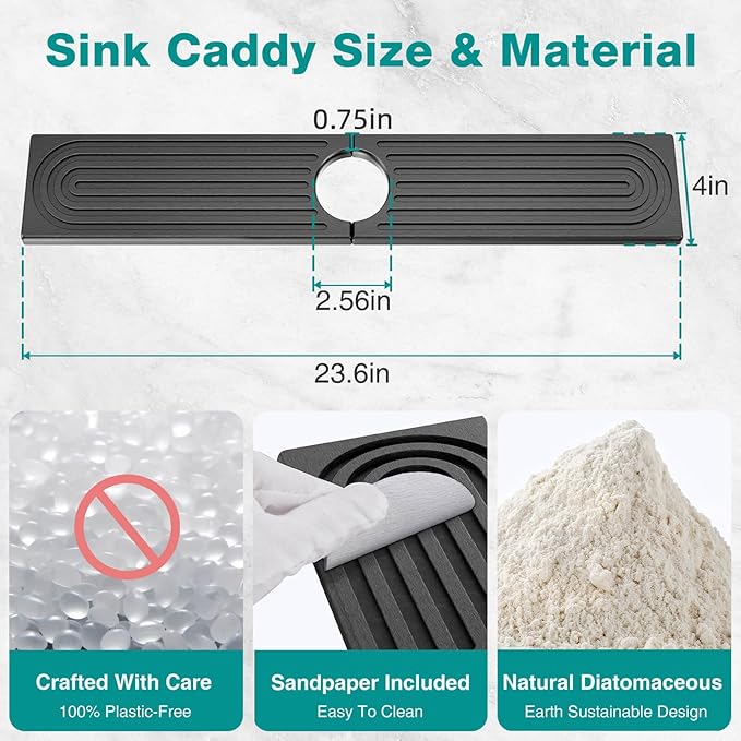 DK177 Faucet Mat for Kitchen Sink - Water Absorbing Stone Tray for Sink, Diatomite Fast-Drying Faucet Mat, Faucet Splash Guard for Bathroom Counter (Dark Gray, 23.6" x 4")