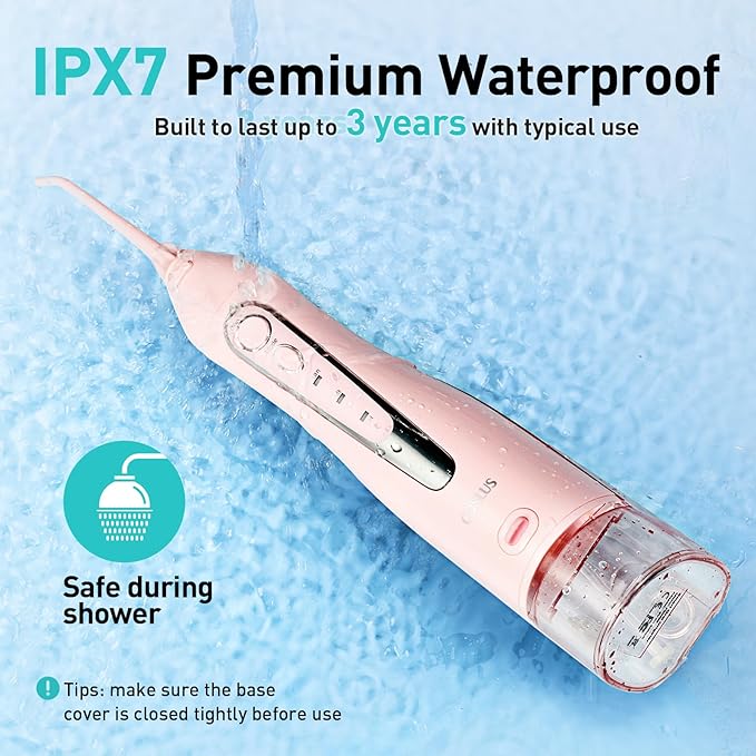 COSLUS Water Dental Flosser Teeth Pick C20(F5020E): Portable Cordless Oral Irrigator 300ML Rechargeable Travel Irrigation Cleaner IPX7 Waterproof Electric Flossing Machine for Teeth Cleaning, Pink