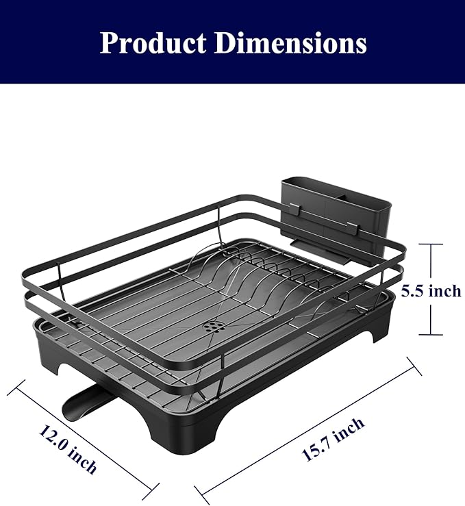 Kitsure Dish Drying Rack - Multi-Functional Dish Rack for Kitchen Counter with Cutlery Holder, Rust-Proof Storage Solution with Rotatable, 15.7" x 12.0" x 5.5", Black