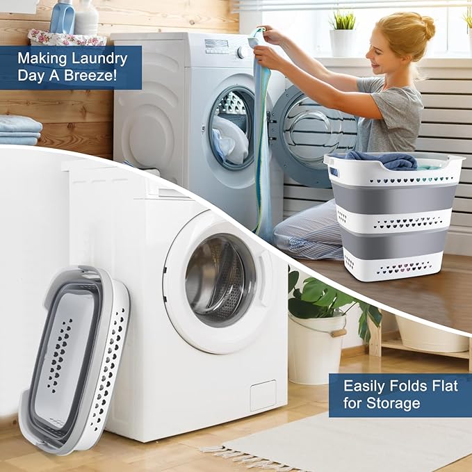 Collapsible Laundry Basket Foldable Pop-Up Laundry Hamper with Comfort Handles Portable Plastic Laundry Storage Basket Organizer Space Saving Dirty Clothes Hamper Container for Home, Dorm (Grey)