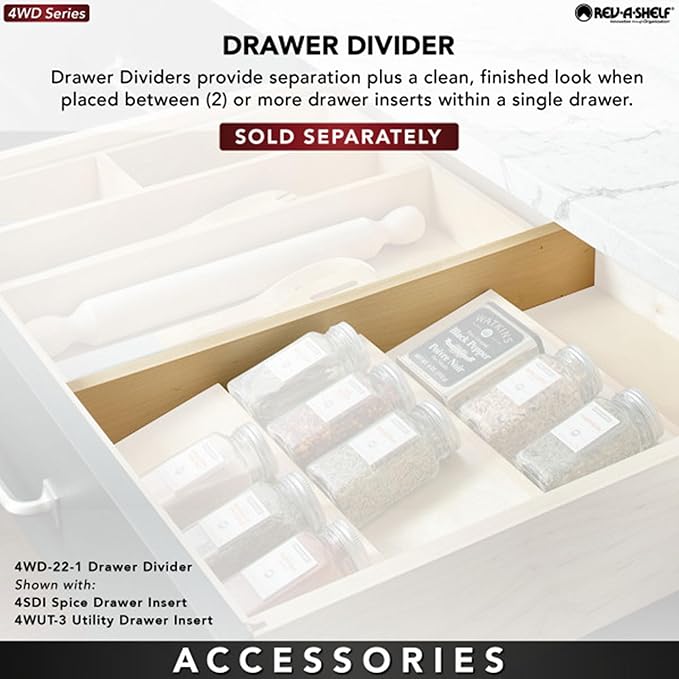 Rev-A-Shelf 3-Tier Wood Trim-to-Fit Spice Rack Drawer Insert, 16" x 19.75", Maple - Drop-In Seasoning Jars Storage Tray Organizer for Kitchen Cabinet and Pantry Organization, 4SDI-18