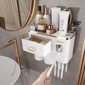 iHave Toothbrush Holders Wall Mounted with Toothpaste Dispenser & 2 Cups - Premium White and Gold Design for Bathroom Decor, All-in-One Bathroom Organizers & Storage for Toothbrushes and Accessories