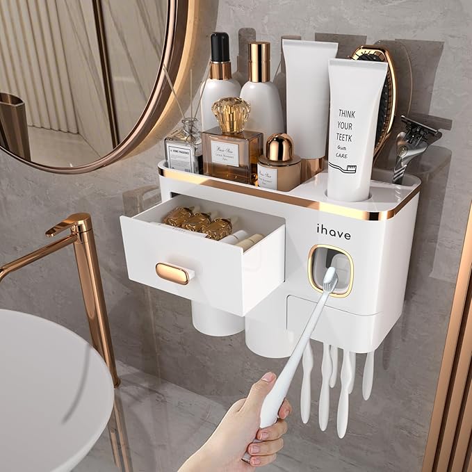 iHave Toothbrush Holders Wall Mounted with Toothpaste Dispenser & 2 Cups - Premium White and Gold Design for Bathroom Decor, All-in-One Bathroom Organizers & Storage for Toothbrushes and Accessories
