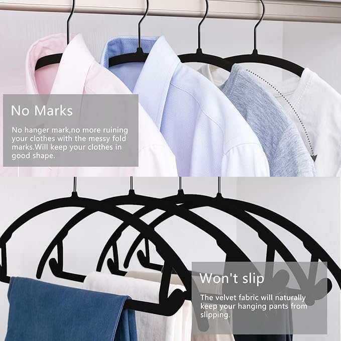 MIZGI Premium Velvet Hangers 60 Pack Heavyduty- Non Slip No Shoulder Bump Suit Hanger- Black Hooks,Space Saving Clothes Rounded Shape for Coat,Sweater,Jackets,Pants