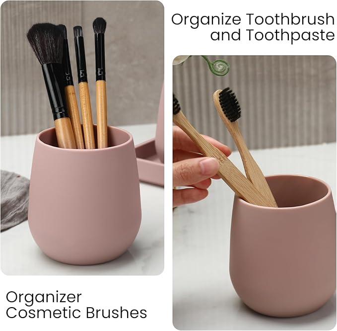 Bathroom Accessories Set, Modern 3 Pcs Bathroom Essentials - Soap Dispenser, Toothbrush Holder & Tray, Countertop Vanity Organizer (Pink)