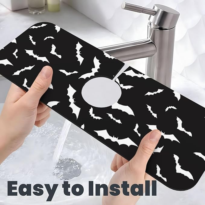 Halloween Cool Black Bat Kitchen Sink Splash Guard Faucet Mat Super Absorbent Fast Drying Mat Sink Gadgets-Fast Drying Pad Sink Mat For Kitchen Bathroom (15" X 5.5" )