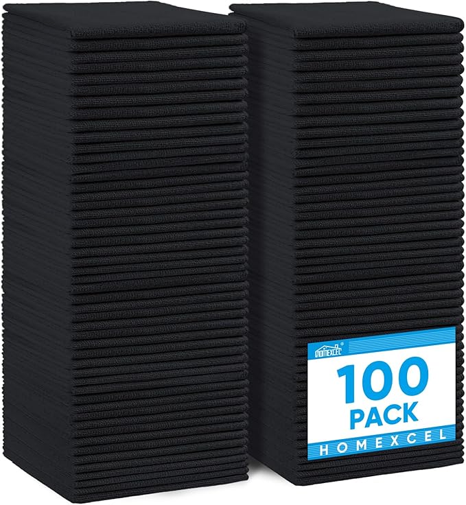 HOMEXCEL Black Microfiber Cleaning Cloth, 100 Pack Cleaning Towels for Kitchen, Lint Free, Scratch-Free, Highly Absorbent, and Reusable Cleaning Rags for House, Window, Cars, 11.5 X11.5 inch
