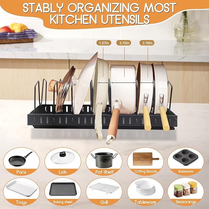 XIAPIA Pull Out Pots and Pans Organizer Under Kitchen Cabinet, Pot Lid Organizers, Slide Out Cookware Storage Rack with 8 Adjustable Dividers, Pull Out Shelves for Dishware Seasoning, (Black, 1 Pack)