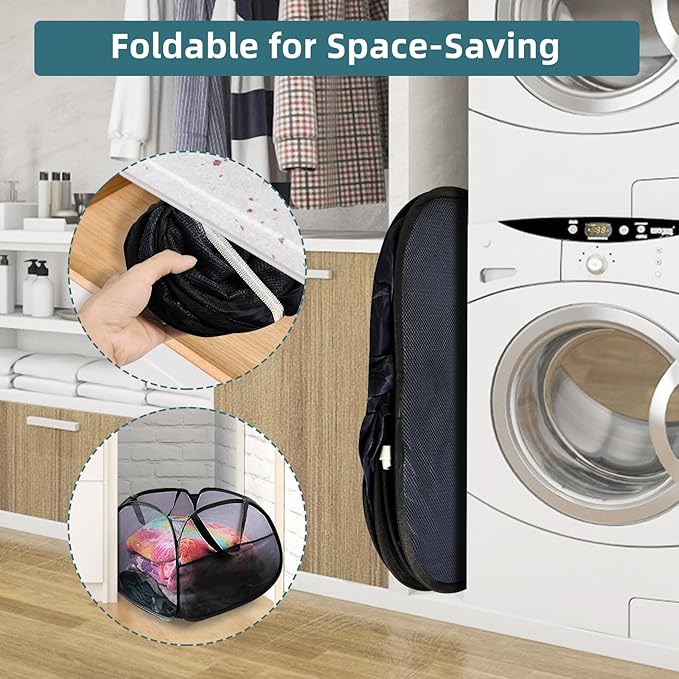 2 Pack Collapsible Laundry Baskets, 90L Large Foldable Laundry Basket, Durable Mesh Pop Up Hampers for Laundry, Dirty Clothes Laundry Hamper for Bedroom, Bathroom, Dorm, Laundry Room, Travel Black