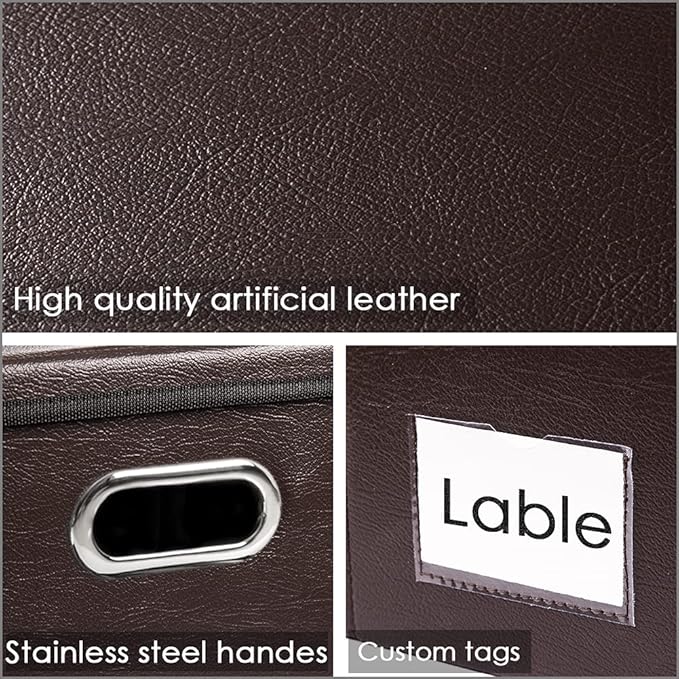PRANDOM Large Stackable Storage Boxes with Lids [5-Pack] Leather Fabric Foldable Storage Bins Organizer Containers Baskets Cubes with Cover for Bedroom Closet Office Nursery Brown(17.7x11.8x11.8)