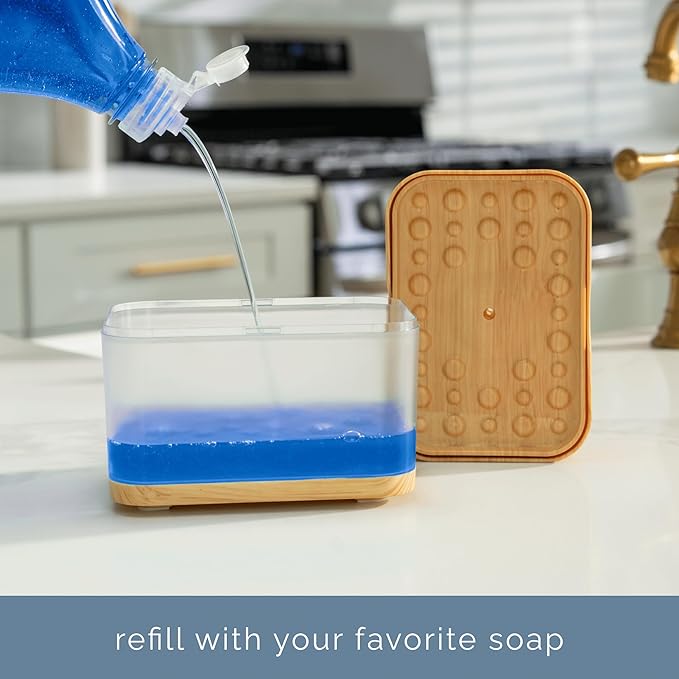S&T INC. Dish Soap Dispenser and Sponge Holder for Kitchen Sink, Waterproof Labels and Sponge Included, 13 Ounces, Plastic, Bamboo