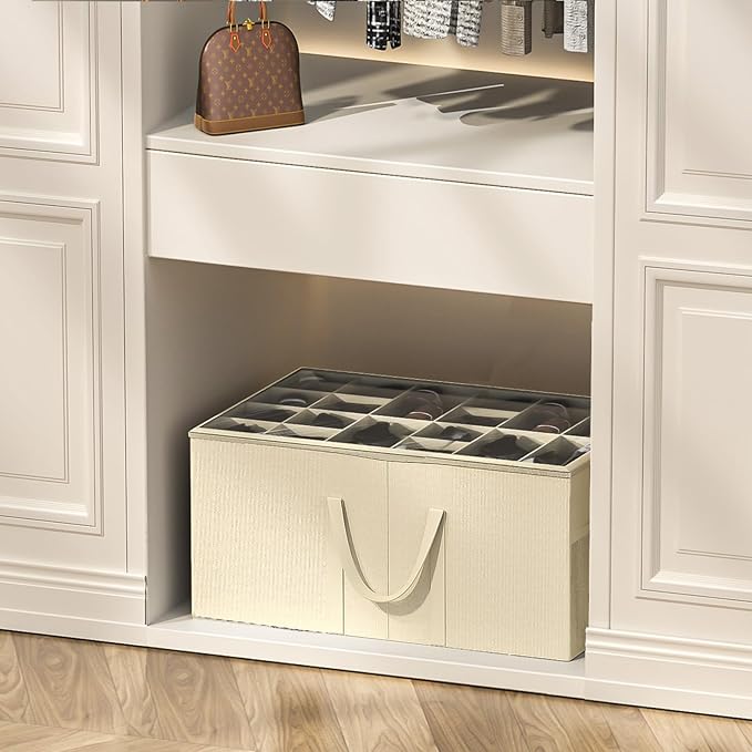 Aokeyee 2 Pack Shoe Organizer for Closet, Large Shoe Storage Box Fits up to 48 Pairs, Space Saving Foldable Shoes Organizer Bin w/Clear Cover and 4 Reinforced Handles, Beige