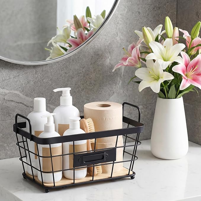 4 Pcs Black Metal Wire Pantry Storage Baskets with Wood Bottoms Small Wire Basket 8.8 x 5 x 5 Inch Farmhouse Decoration Metal Pantry Storage Organizing Caddy Bin Baskets for Bathroom Kitchen