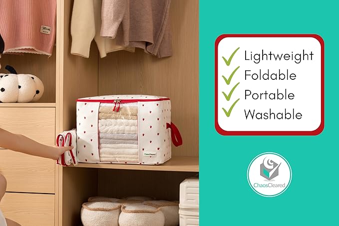 Chaos Cleared Canvas Storage Bags Designer Organizer 2 Pack – Seasonal Storage for Sweaters, Blankets, Linens & Garments – Foldable Design with Zip & Window, Moth-Proof Space Saver, Strawberry Print