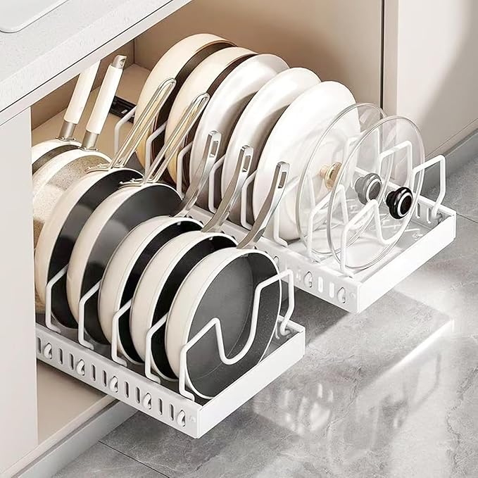 2 Pack Pull Out Pots and Pans Organizer Rack for Cabinet and Countertop, Pull Out Cabinet Organizer with 8 Adjustable Dividers, Kitchen Storage for Pot Lid, Dishes, Bakeware, Pots and Pans, White