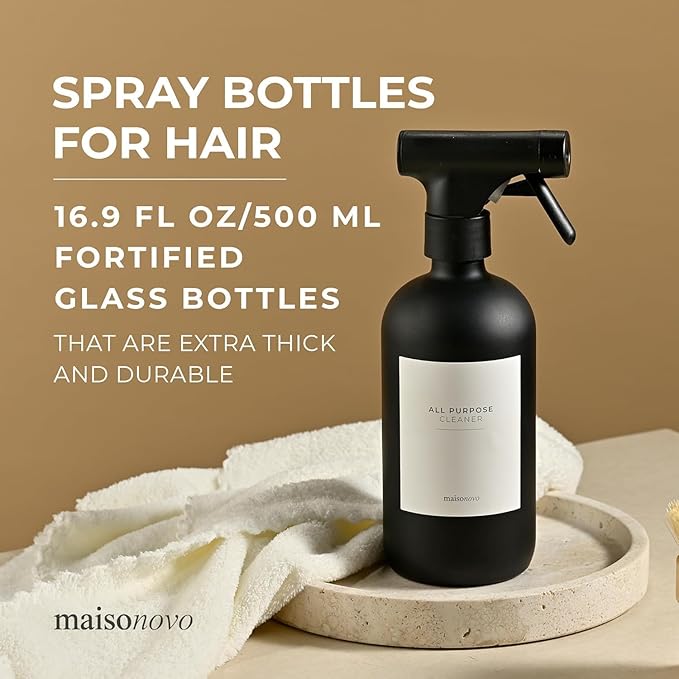 MaisoNovo Spray Bottle for Hair - 16.9 fl oz Black x 2 with 16 Labels