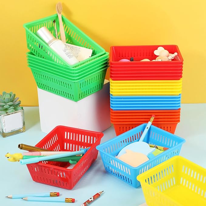 Sherr 36 Pack Classroom Storage Basket Small Plastic Basket for Organizing Crayon Pencil Container Storage Bin Tray Holder for Paper Shelf Back to School Office Supply 6.1"l x 4.3"w x 2.4"h(Colorful)